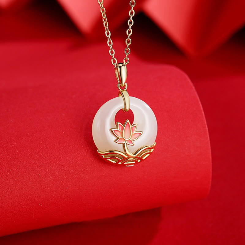 925 Sterling Silver Hetian White Jade Lotus Flower Blessing Necklace Pendant
