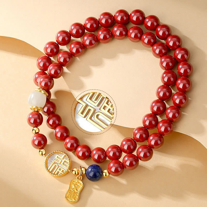925 Sterling Silver Cinnabar Tridacna Stone Fu Character Double Wrap Blessing Bracelet