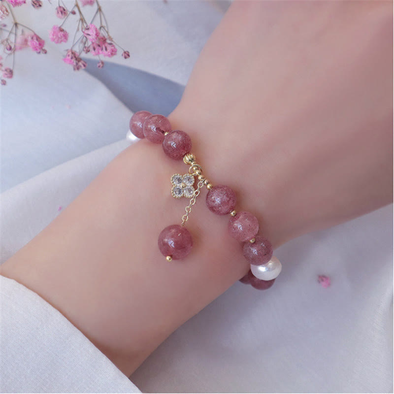 Natural Strawberry Quartz and Pearl Four-Leaf Clover Charm Bracelet