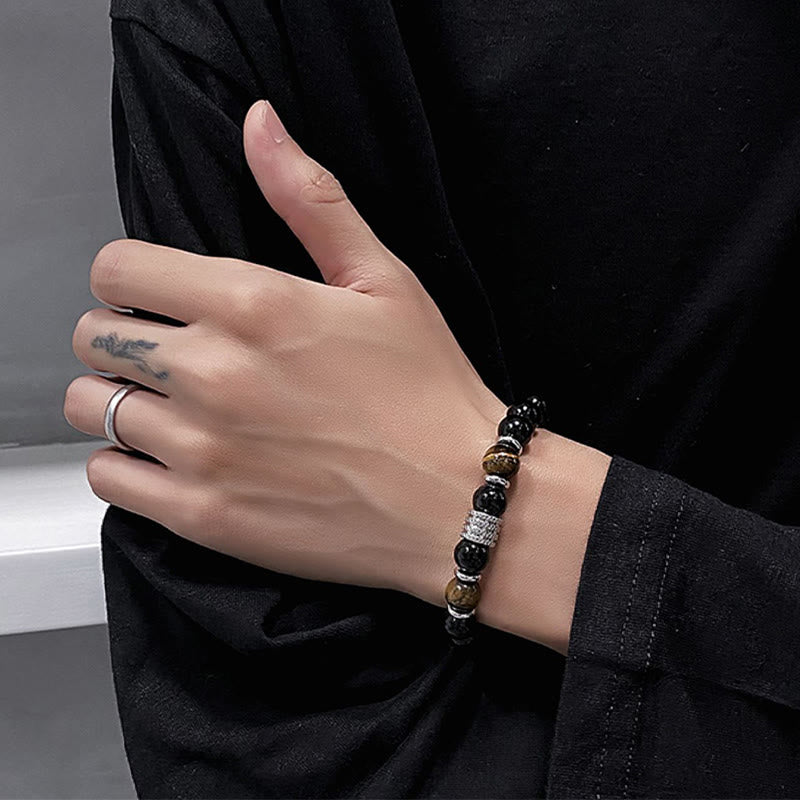 10mm Black Obsidian and Tiger Eye Beaded Bracelet with Titanium Steel