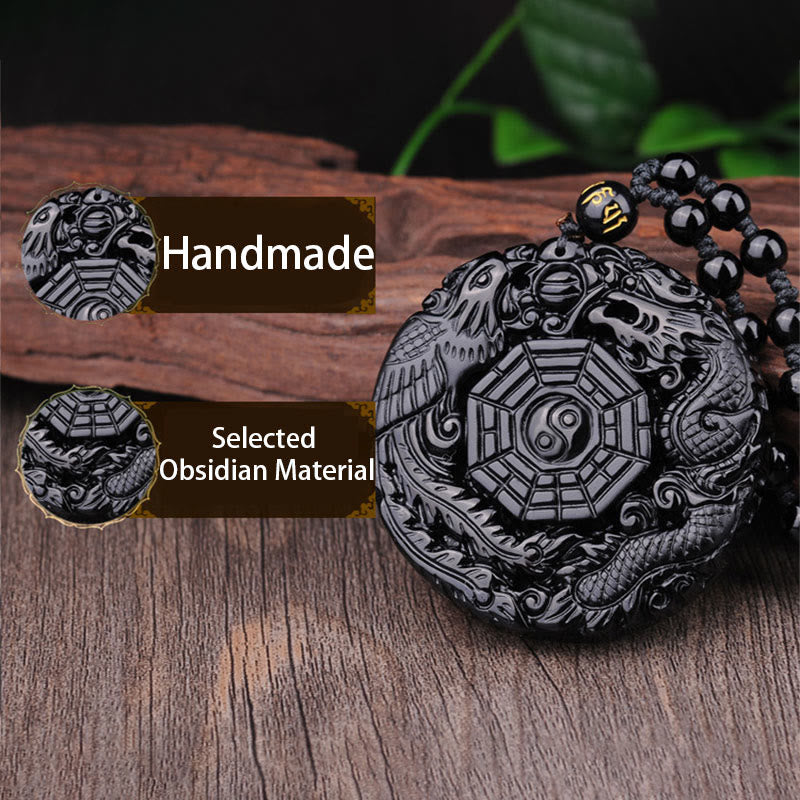 Bagua Dragon Phoenix Obsidian Fulfilment Pendant Necklace