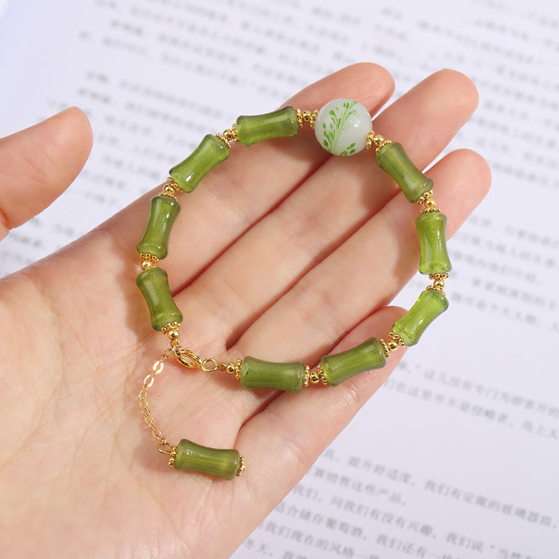 Handcrafted Moss Agate and Green Liuli Crystal Bamboo Motif Chain Bracelet