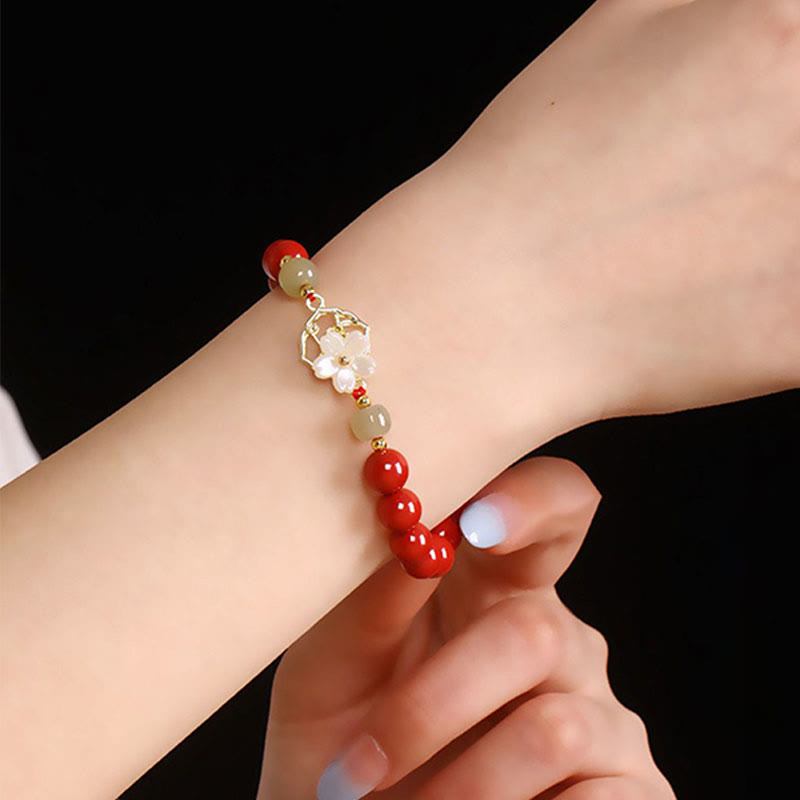 Natural Cinnabar Jade Beaded Tridacna Stone Flower Blessing Bracelet