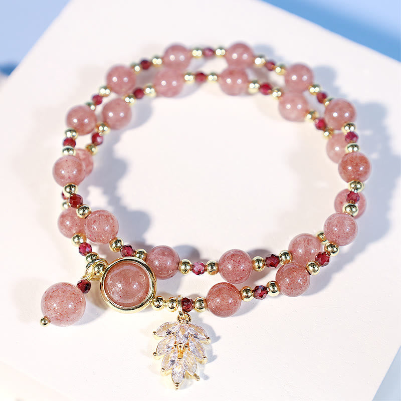 Natural Strawberry Quartz 6mm Bead Double Wrap Bracelet with Maple Leaf Charm