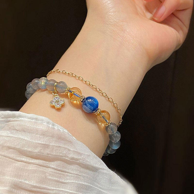 Natural Moonstone Citrine Kyanite 14K Gold Flower Charm Beaded Bracelet