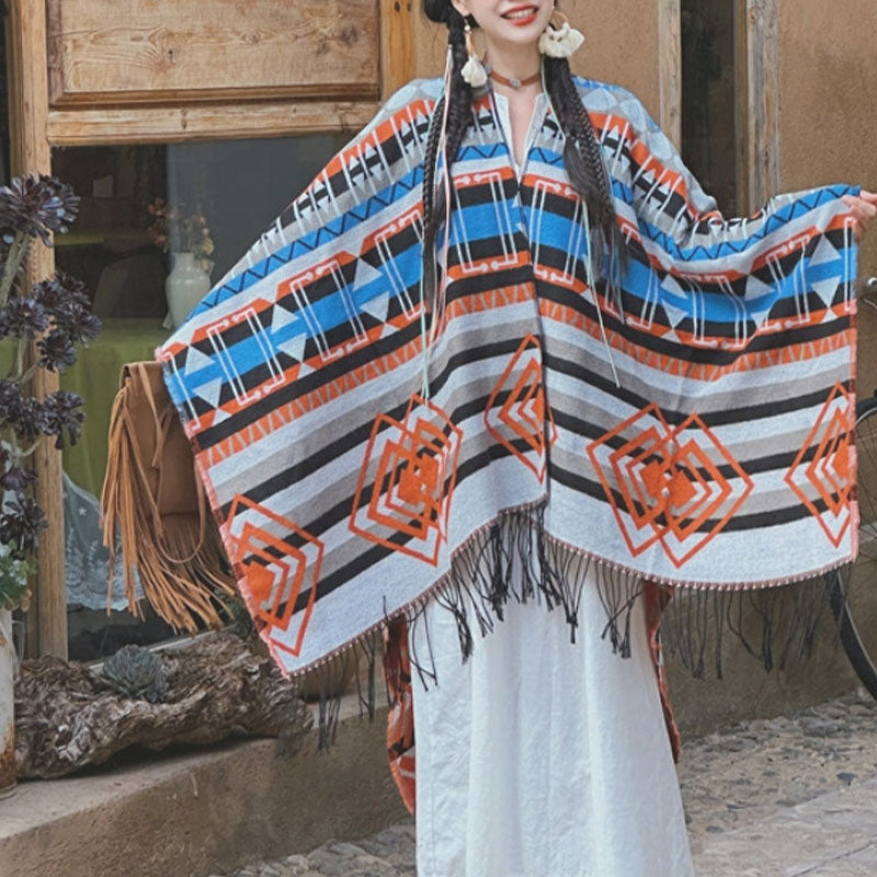 Tibetan Shawl Striped Geometric Pattern Winter Cozy Travel Tassel Scarf Wrap