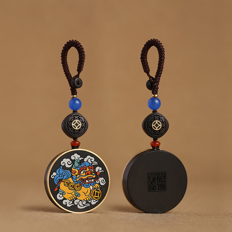 PiXiu Copper Coin Ebony Wood Luck Attract Wealth Key Chain Decoration