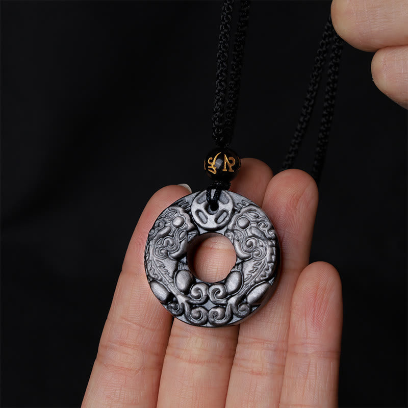 Natural Silver Sheen Obsidian Double PiXiu Copper Coin Peace Buckle Protection Necklace Pendant