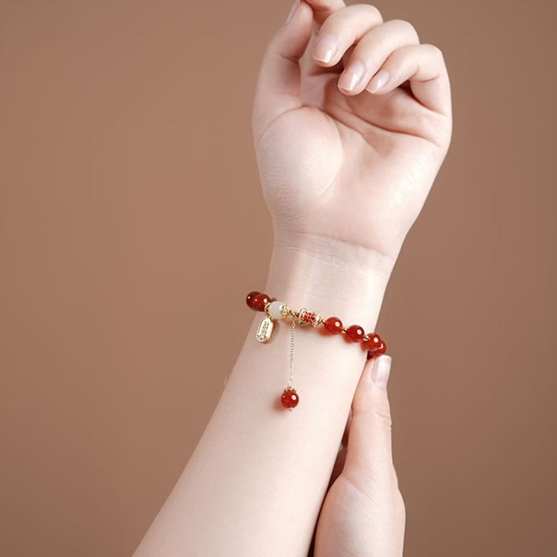 Natural Red Agate and Hetian Jade Copper Fu Symbol Beaded Charm Bracelet