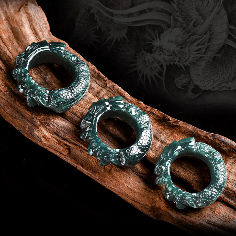 Natural Cyan Jade Dragon Carved Success Ring