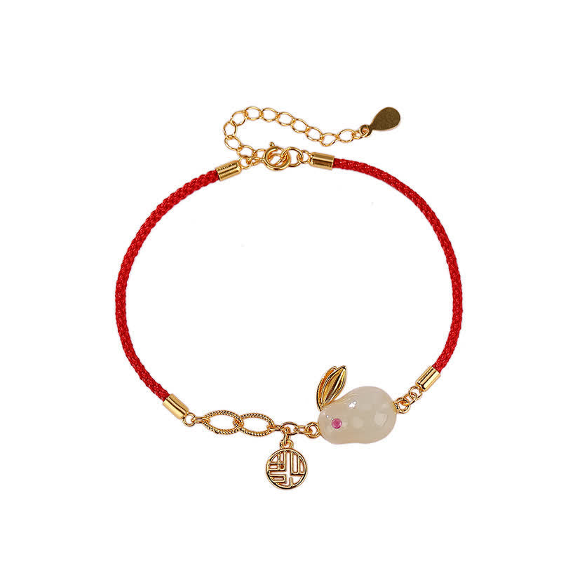 Sterling Silver & Hetian White Jade Red String Bracelet with Gold Buddha & Rabbit Accents