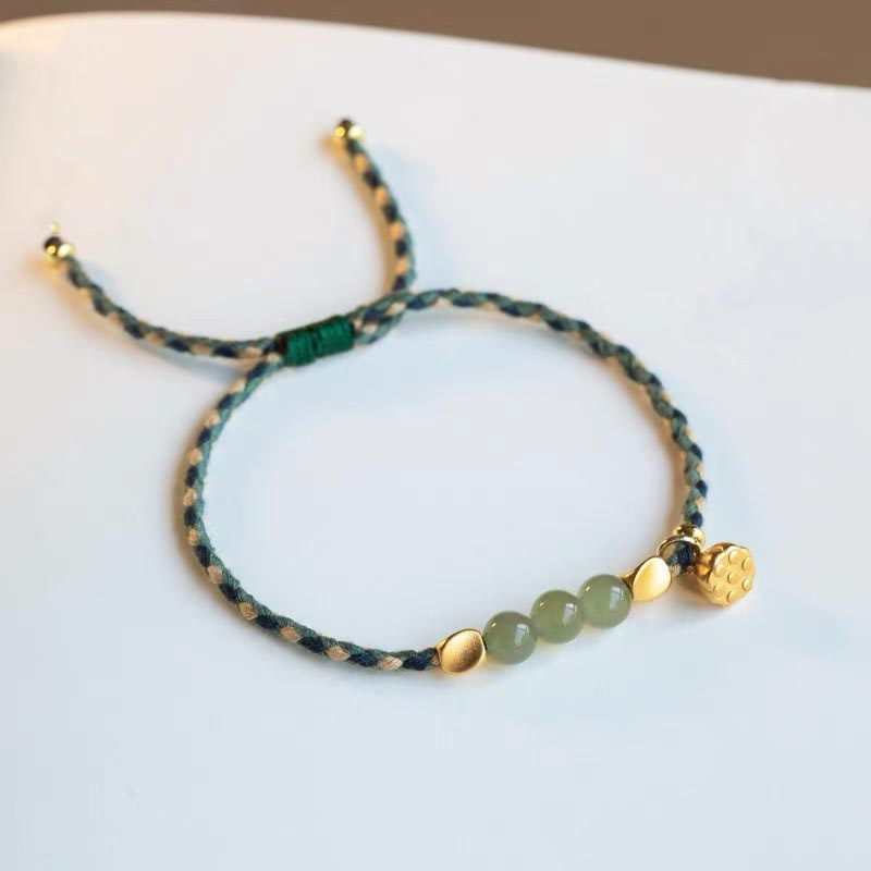 Handcrafted Hetian Jade Lotus Charm Luck Braided Bracelet