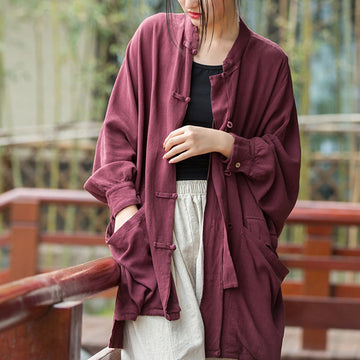 Frog-Button Long Sleeve Zen Meditation Open Front Jacket With Pockets