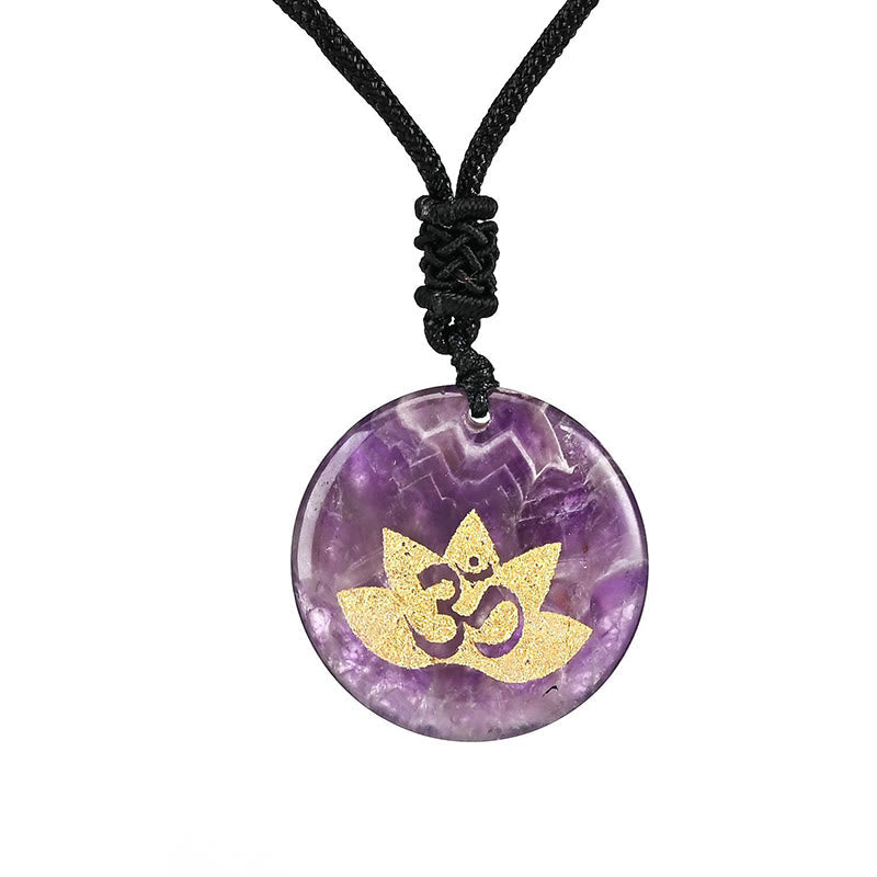 OM Lotus Symbol Various Crystal Amethyst Tiger Eye Healing Necklace Pendant