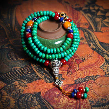 108 Tibetan Turquoise Amber and Dzi Bead Meditation Mala Bracelet
