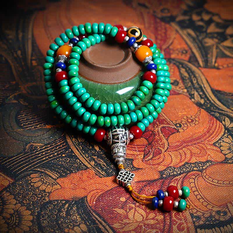 108 Tibetan Turquoise Amber and Dzi Bead Meditation Mala Bracelet
