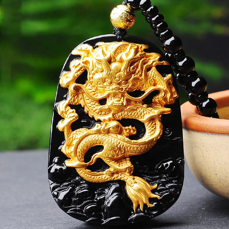 18k Gold-plated Dragon Obsidian Lucky Pendant Necklace