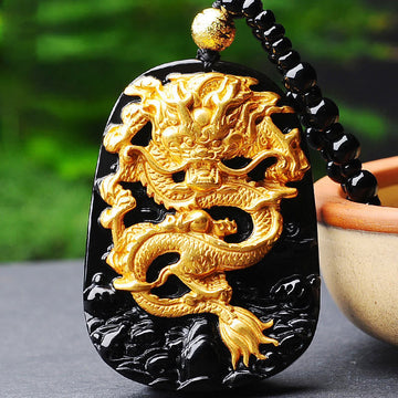 18k Gold-plated Dragon Obsidian Lucky Pendant Necklace