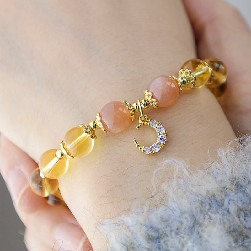 Citrine Moonstone Sunstone Celestial Moon Charm Gemstone Bracelet