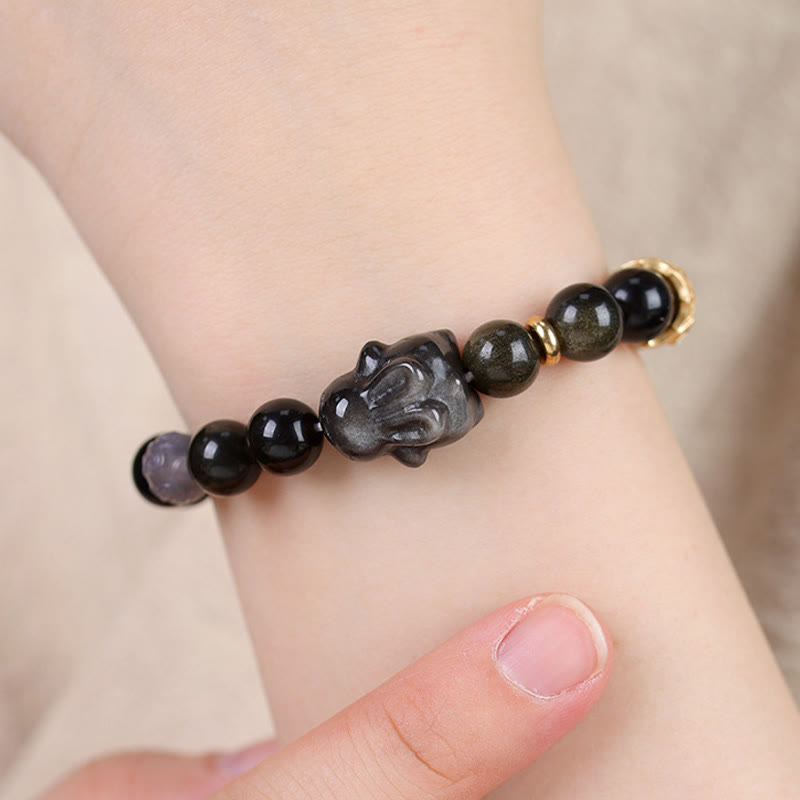 Gold Sheen Obsidian Black Obsidian Silver Sheen Obsidian Cute Rabbit Protection Bracelet