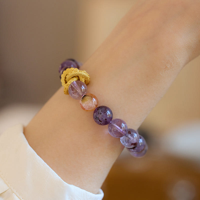 Purple Phantom & Red Hematoid Quartz Gold-Plated Copper Dragon Beaded Bracelet