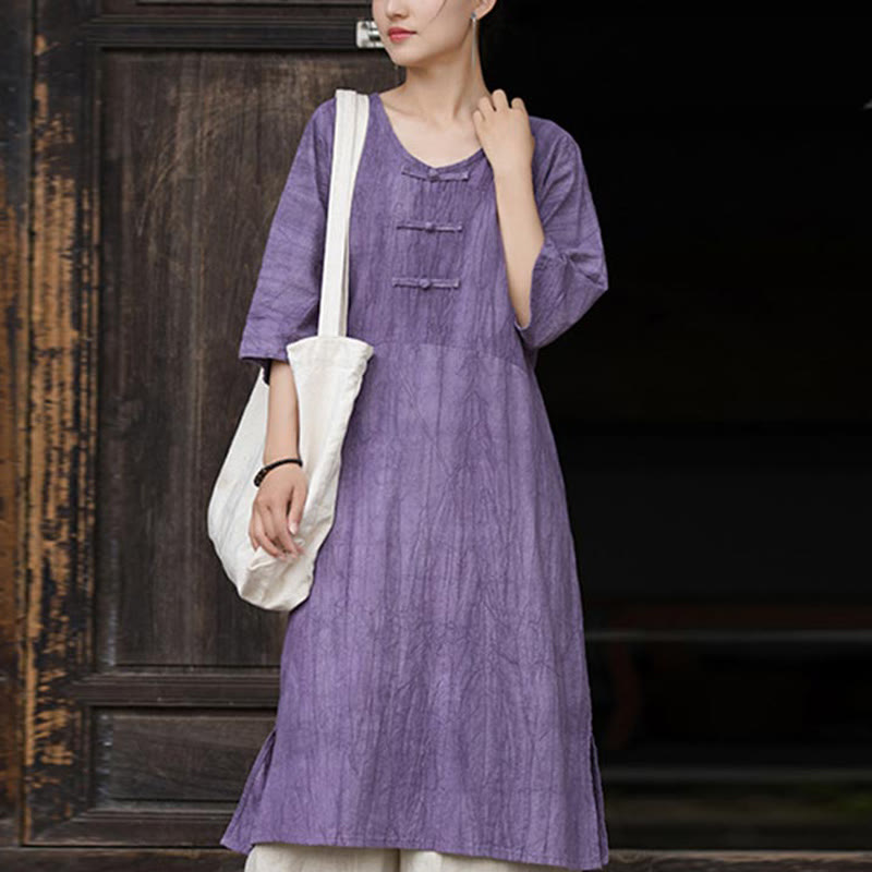 Ramie Linen Tie-Dye Frog-Button Meditation Midi Dress & Wide-Leg Pants Set