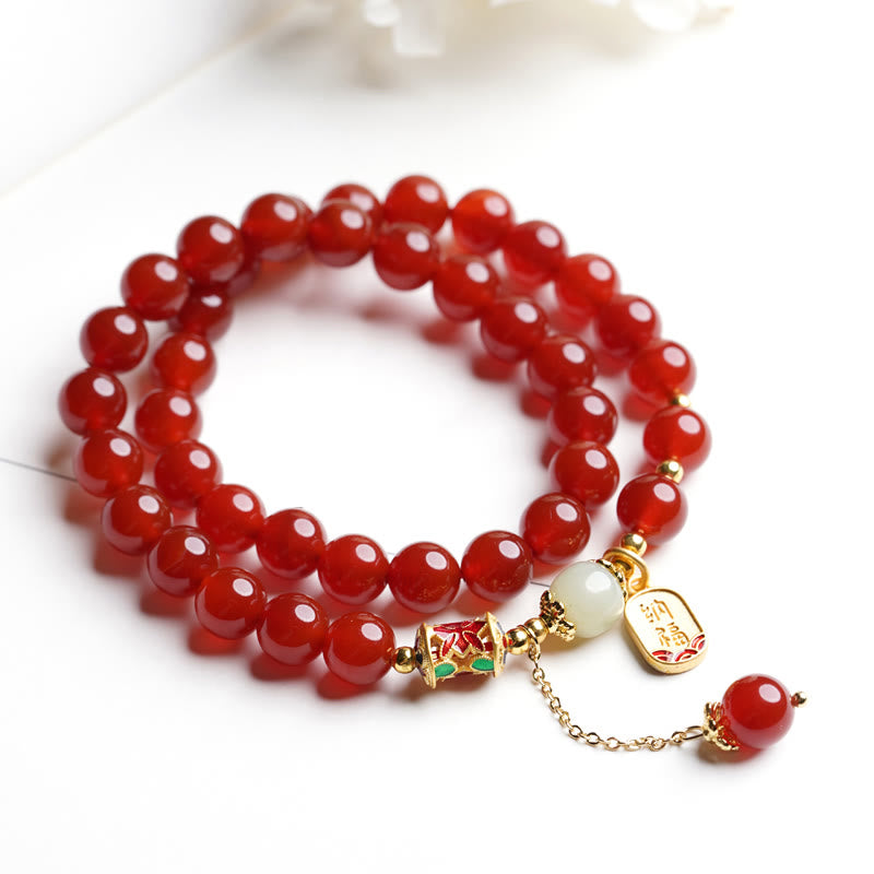 Natural Red Agate and Hetian Jade Copper Fu Symbol Beaded Charm Bracelet