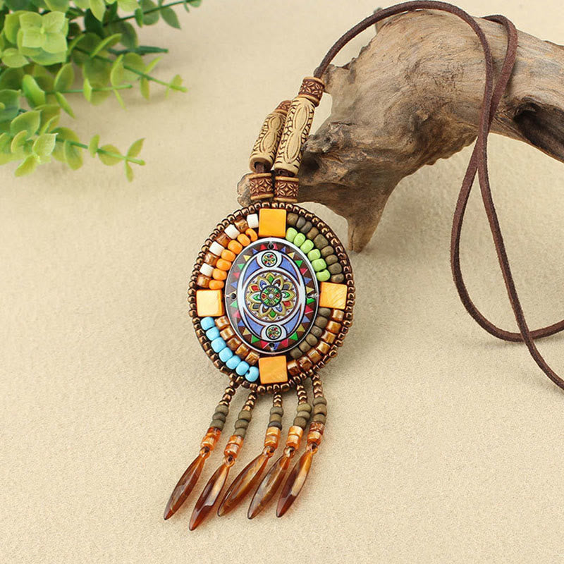 Mandala Pattern Geometric Creativity Pendant Necklace with Colorful Beads