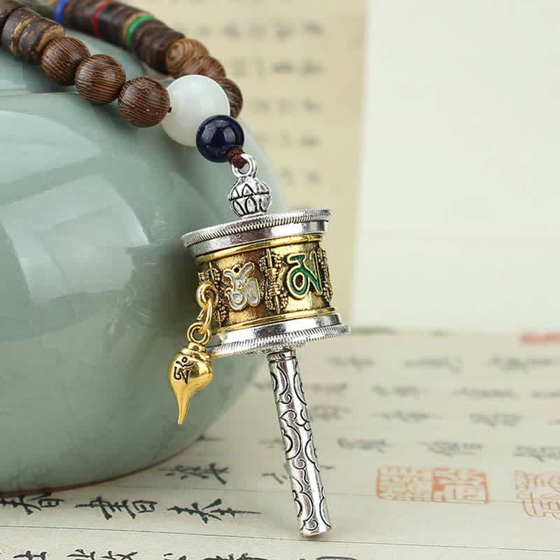 Tibetan Om Mani Padme Hum Prayer Wheel Rotation Vajra Wood Necklace Pendant