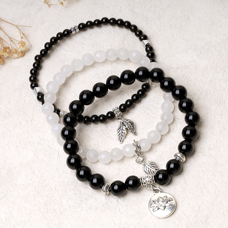 3PCS Natural Gemstone Beaded Lotus Charm Bracelet Set