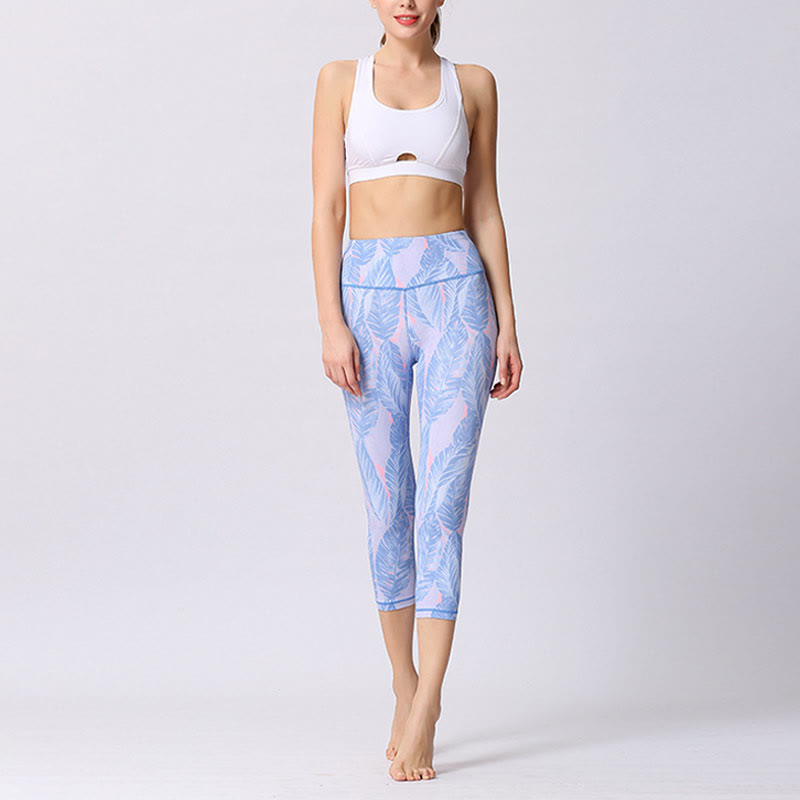 Leaves Butterfly Print Sports Yoga Cropped Leggings Women's Yoga Capri Pants
