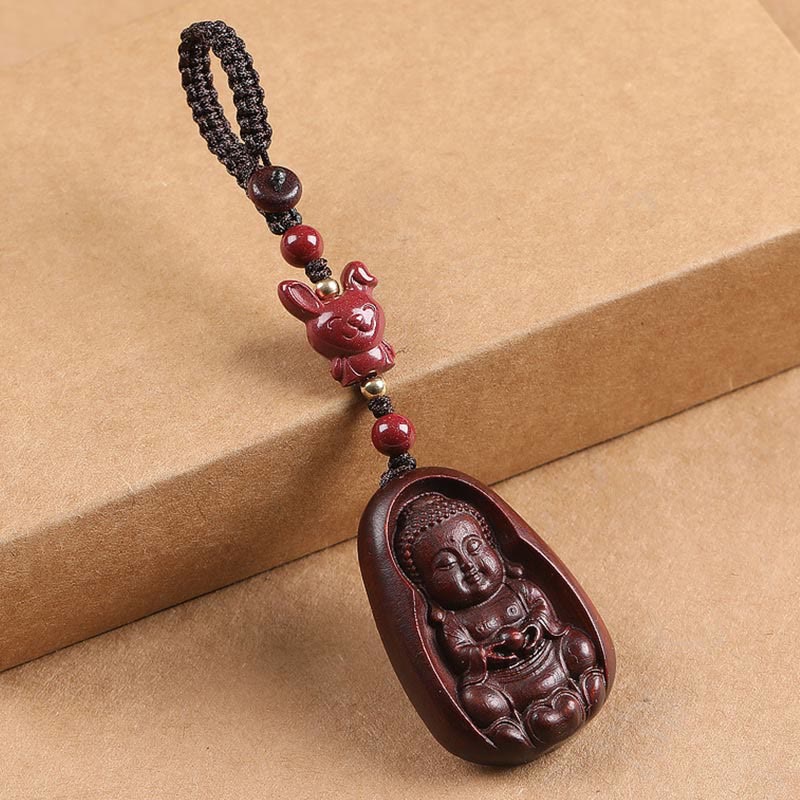 Small Leaf Red Sandalwood & Cinnabar Buddha Chinese Zodiac Carved Keychain
