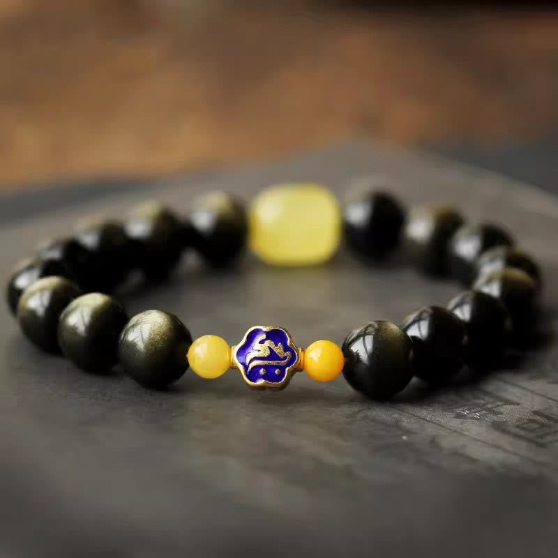 Natural Gold Sheen Obsidian & Amber Bracelet with 925 Sterling Silver and Zodiac Guardian
