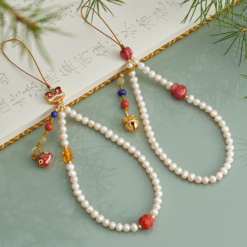 Natural Pearl Cinnabar Money Bag Bell Gold Swallowing Beast Dancing Lion Healing Phone Hanging Decoration