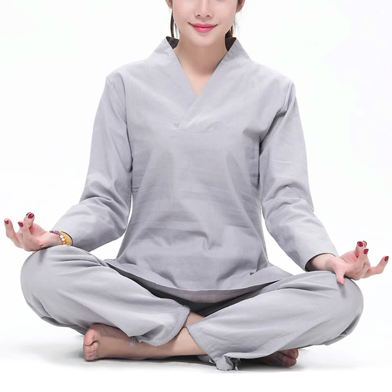 Zen Practice Yoga Meditation Prayer V-neck Design Uniform Cotton Linen Clothing Women's Set