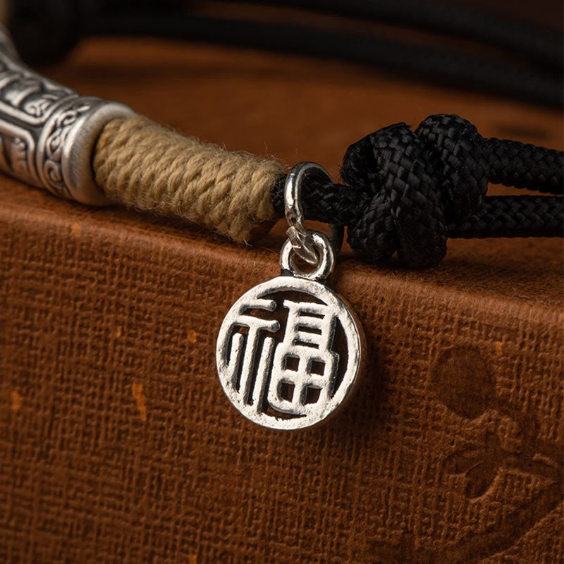 999 Sterling Silver Tibet Handmade Om Mani Padme Hum Fu Character TopRank Character Luck Braided Bracelet