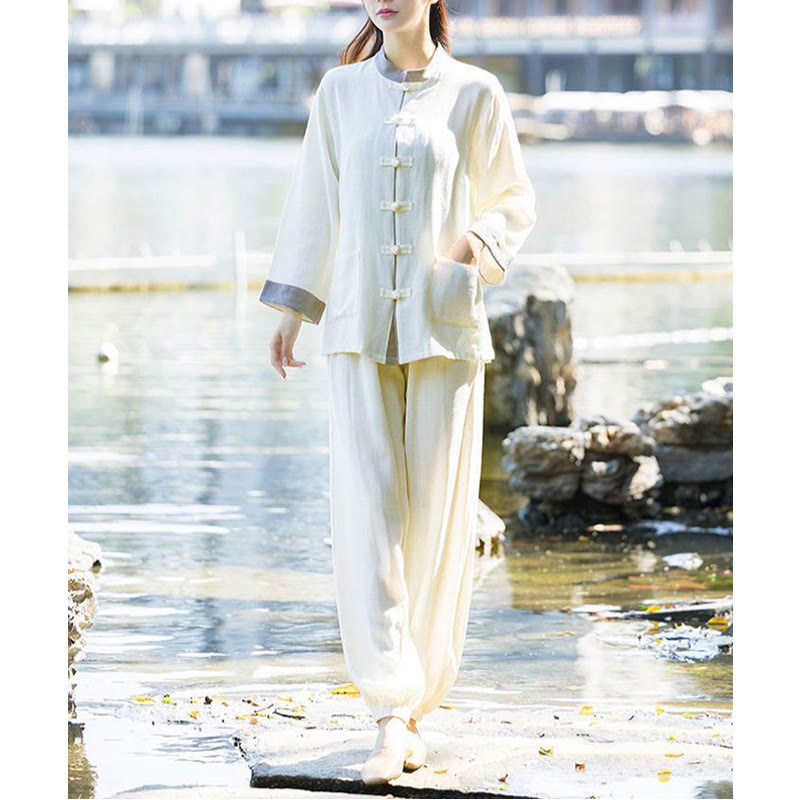 2Pcs Frog-Button Long Sleeve Shirt Top Pants Meditation Zen Tai Chi Cotton Linen Clothing Women's Set