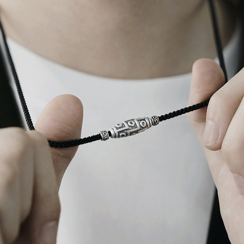 999 Sterling Silver Nine-Eye Dzi Bead Pattern Protection Rope Necklace Pendant