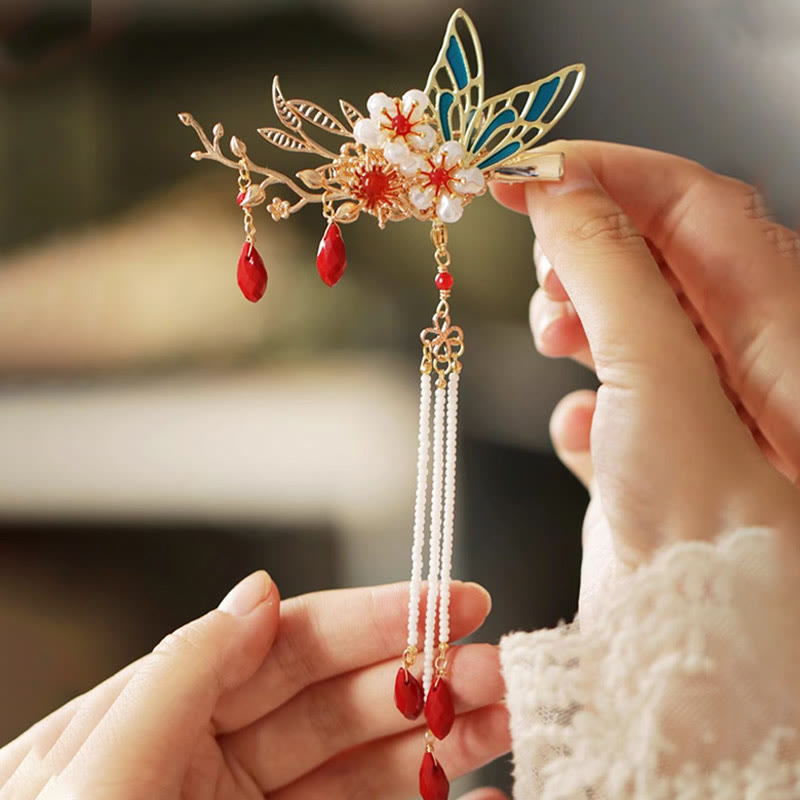 Classical Chinese Style Flower Branche Butterfly Pearl Tassel Hair Clip Hair Comb Hair Crown