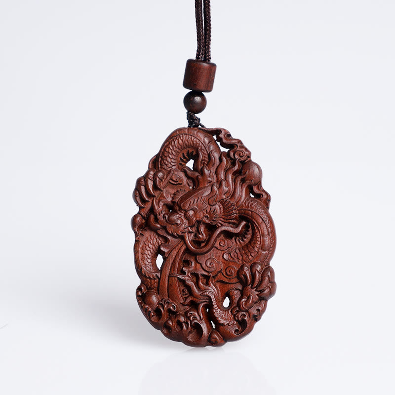 Lightning Struck Jujube Wood Double Dragon Relief Ward Off Evil Spirits Necklace Pendant