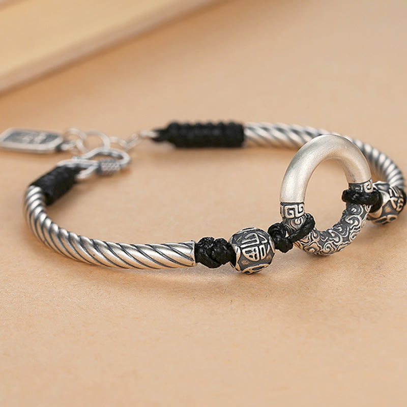 999 Sterling Silver Fu Character Peace Buckle Copper Coin Auspicious Clouds Fortune Bracelet