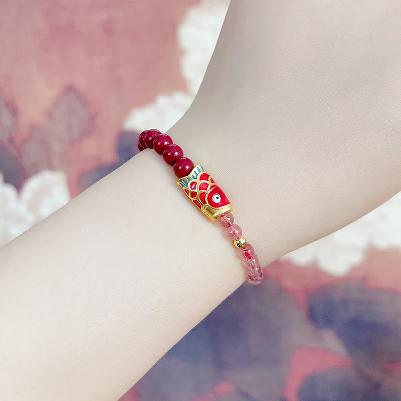 Natural Strawberry Quartz Cinnabar Lucky Koi Fish Healing Bracelet