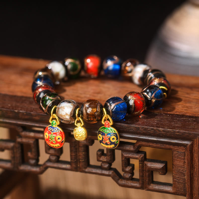 Five Elements Gold Swallowing Beast Family Charm Liuli Glass Bead Luck Bracelet