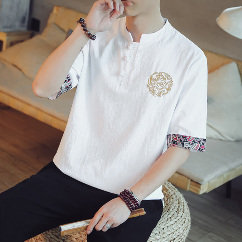Frog-Button Dragon Embroidery Chinese Tang Suit Short Sleeve Shirt Linen Men Clothing