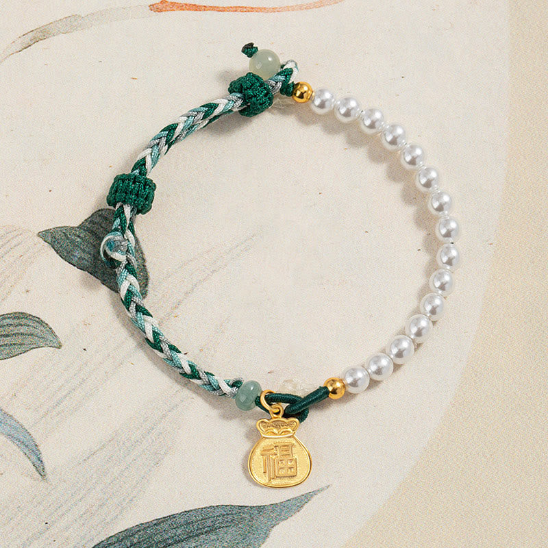 925 Sterling Silver Hetian Jade & Pearl Fu Wealth Bag Adjustable Rope Bracelet