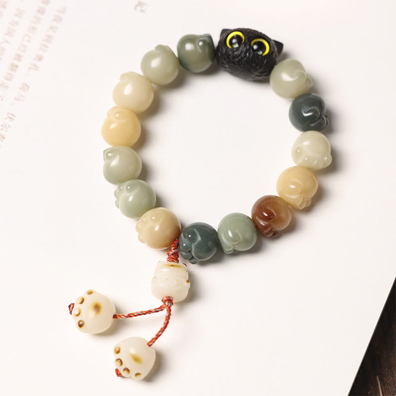 Natural Bodhi Seed Lovely Paw Ebony Wood Lucky Cat Wisdom Bracelet
