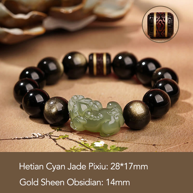 Handmade Gold Sheen Obsidian & Hetian Jade Pixiu Beaded Bracelet for Men and Women