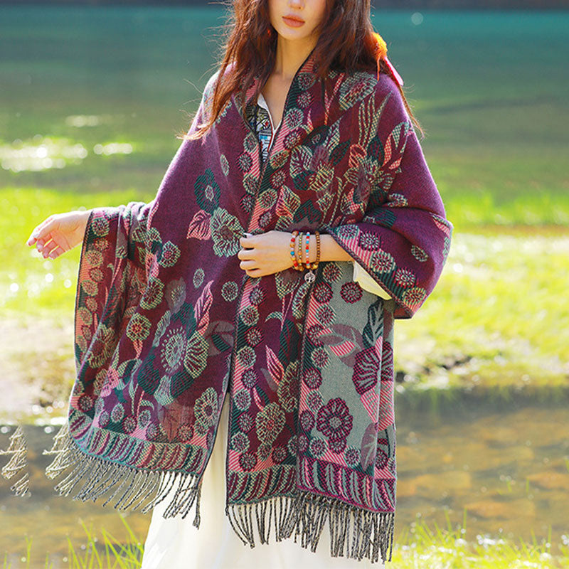 Tibetan Flower Floral Leaves Pattern Design Shawl Cozy Travel Scarf Wrap