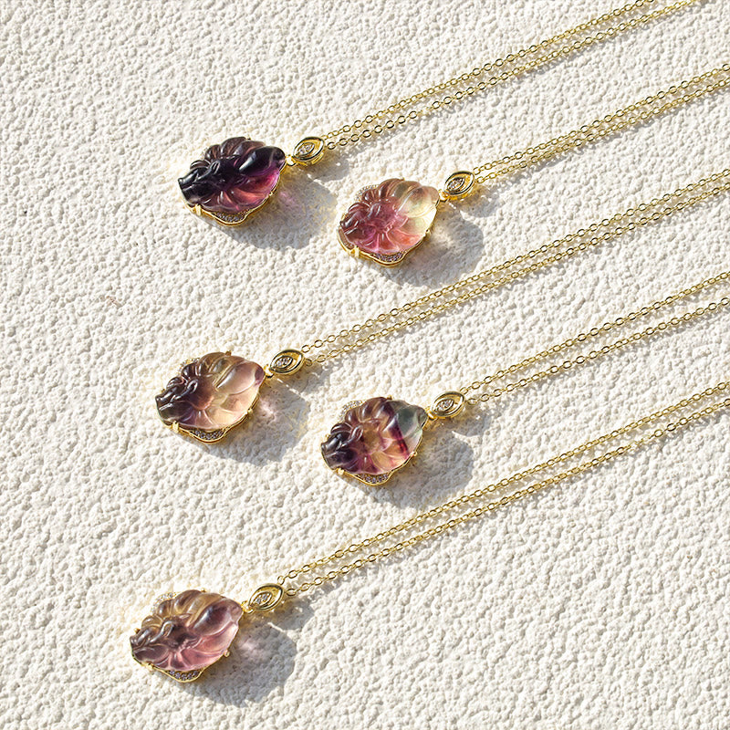 Natural Colorful Fluorite Hand-Carved Nine-Tailed Fox Pendant Necklace