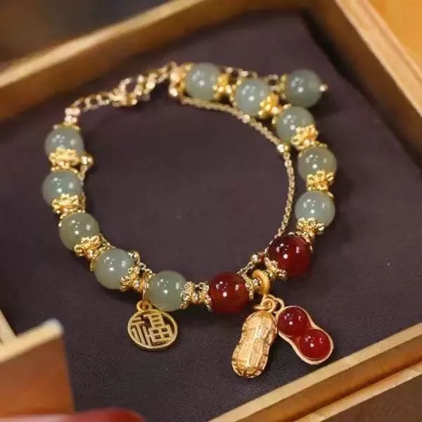 Jade Leaf Ginkgo Tulip Peanut Fu Character Luck Beaded Bracelet